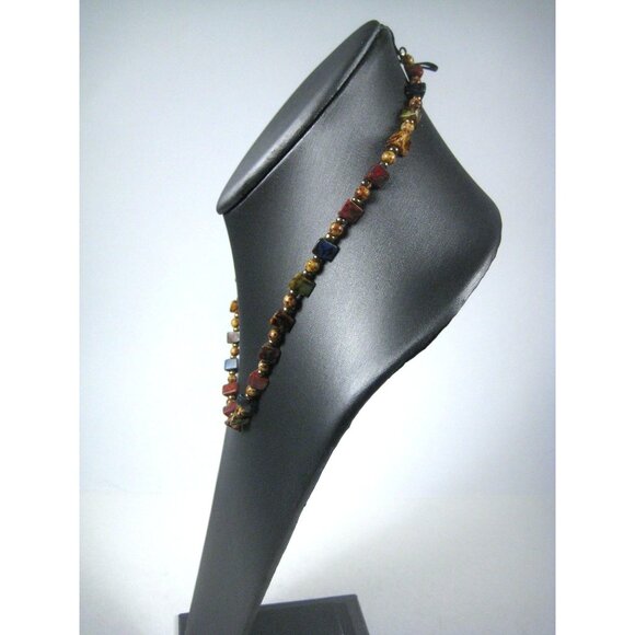 Scottish Speckle Glass Beaded Necklace 18 In Beads FAUX Agate Goldtone - Picture 7 of 9